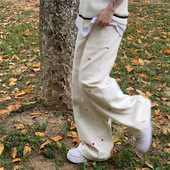 Blugi de damă, îmbrăcăminte de stradă, ocazional, broderie în formă de inimă, cu talie elastică, vintage, largi, drepte, din denim, pantaloni pentru mama cu picioare largi