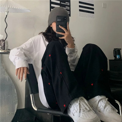 Blugi de damă, îmbrăcăminte de stradă, ocazional, broderie în formă de inimă, cu talie elastică, vintage, largi, drepte, din denim, pantaloni pentru mama cu picioare largi