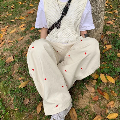 Blugi de damă, îmbrăcăminte de stradă, ocazional, broderie în formă de inimă, cu talie elastică, vintage, largi, drepte, din denim, pantaloni pentru mama cu picioare largi