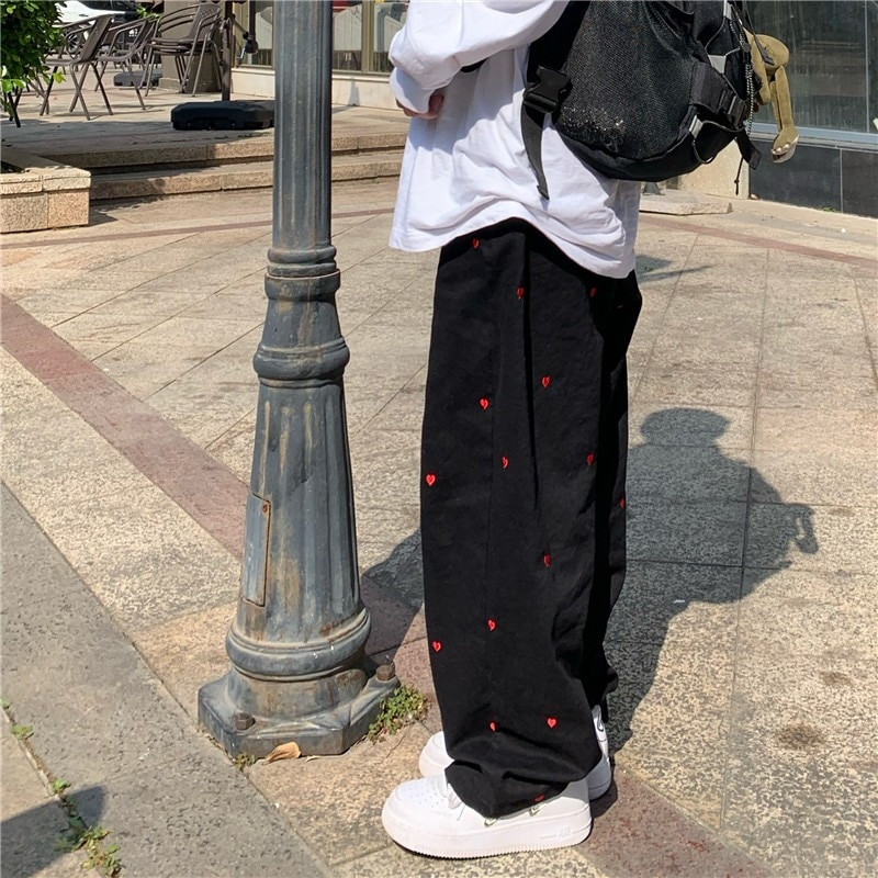 Blugi de damă, îmbrăcăminte de stradă, ocazional, broderie în formă de inimă, cu talie elastică, vintage, largi, drepte, din denim, pantaloni pentru mama cu picioare largi