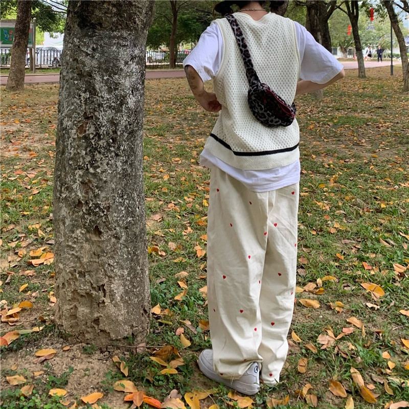 Blugi de damă, îmbrăcăminte de stradă, ocazional, broderie în formă de inimă, cu talie elastică, vintage, largi, drepte, din denim, pantaloni pentru mama cu picioare largi