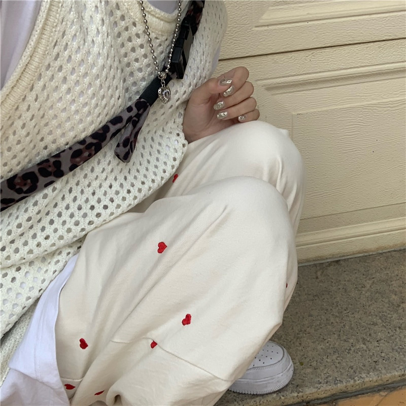 Blugi de damă, îmbrăcăminte de stradă, ocazional, broderie în formă de inimă, cu talie elastică, vintage, largi, drepte, din denim, pantaloni pentru mama cu picioare largi