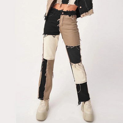 Y2k Streetwear Ženske široke ravne traperice visokog struka Modne smeđe patchwork ležerne traper hlače širokih nogavica Isprane vintage hlače