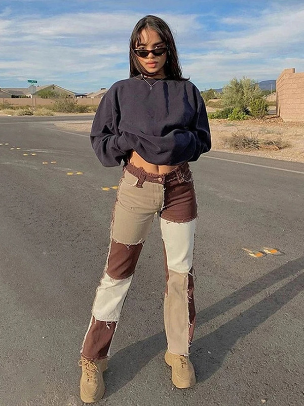 Y2k Streetwear Ženske široke ravne traperice visokog struka Modne smeđe patchwork ležerne traper hlače širokih nogavica Isprane vintage hlače