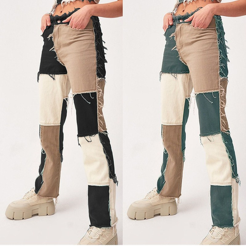 Y2k Streetwear Ženske široke ravne traperice visokog struka Modne smeđe patchwork ležerne traper hlače širokih nogavica Isprane vintage hlače
