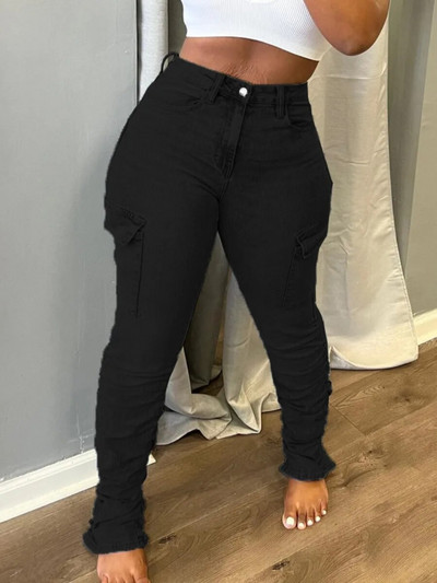 LW, uni, stivuiți, buzunare laterale, spălate, blugi albaștri, blugi cargo elastici, plisați, pentru femei, Harajuku, Y2K, estetică, pantaloni vintage