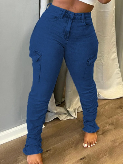 LW, uni, stivuiți, buzunare laterale, spălate, blugi albaștri, blugi cargo elastici, plisați, pentru femei, Harajuku, Y2K, estetică, pantaloni vintage
