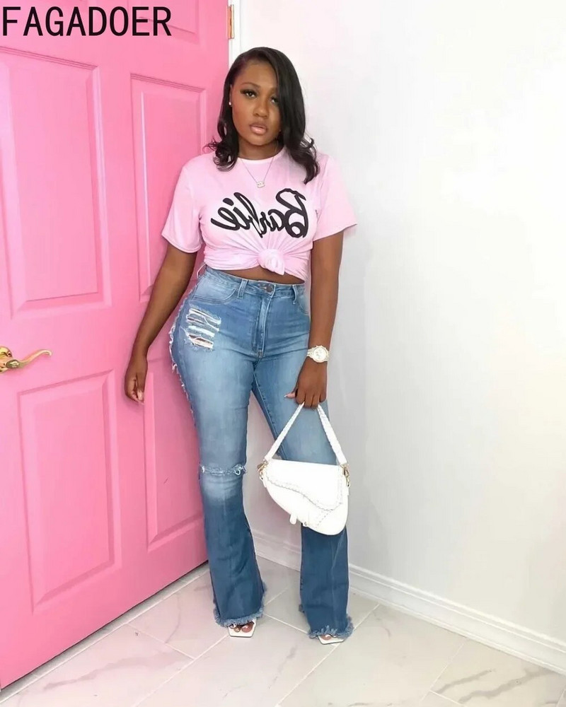 FAGADOER Pantaloni evazați din denim cu găuri de modă de epocă pentru femei cu talie înaltă, cu nasturi, pantaloni skinny din jean, pantaloni casual elastici de cowboy