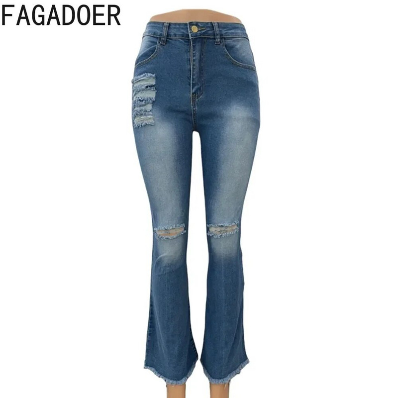 FAGADOER Pantaloni evazați din denim cu găuri de modă de epocă pentru femei cu talie înaltă, cu nasturi, pantaloni skinny din jean, pantaloni casual elastici de cowboy