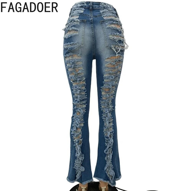FAGADOER Pantaloni evazați din denim cu găuri de modă de epocă pentru femei cu talie înaltă, cu nasturi, pantaloni skinny din jean, pantaloni casual elastici de cowboy