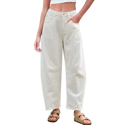 Közepesen emelkedő hordós farmernadrág nőknek, széles láb derékközépen levágott farmernadrág táskás, zsebes barát farmernadrág