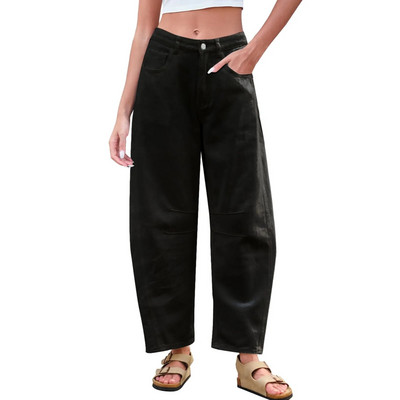 Közepesen emelkedő hordós farmernadrág nőknek, széles láb derékközépen levágott farmernadrág táskás, zsebes barát farmernadrág