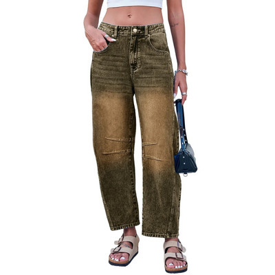 Közepesen emelkedő hordós farmernadrág nőknek, széles láb derékközépen levágott farmernadrág táskás, zsebes barát farmernadrág