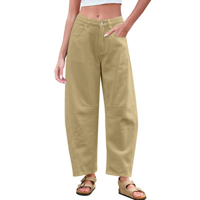 Közepesen emelkedő hordós farmernadrág nőknek, széles láb derékközépen levágott farmernadrág táskás, zsebes barát farmernadrág