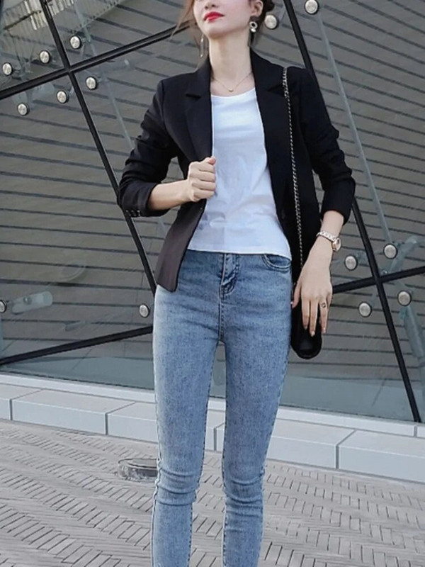 PEONFLY Fashion 2020 pentru femei, culoare solidă, negru, sacou, ocazional, cu mânecă lungă, haină largi, pentru birou, pentru damă, cu un singur buton.