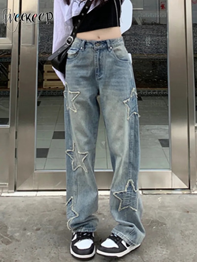 Weekeep y2k Star blugi patchwork femei Streetwear cu talie joasă cu picioare drepte Pantaloni cargo din denim largi Harajuku Vintage casual blugi anii 90