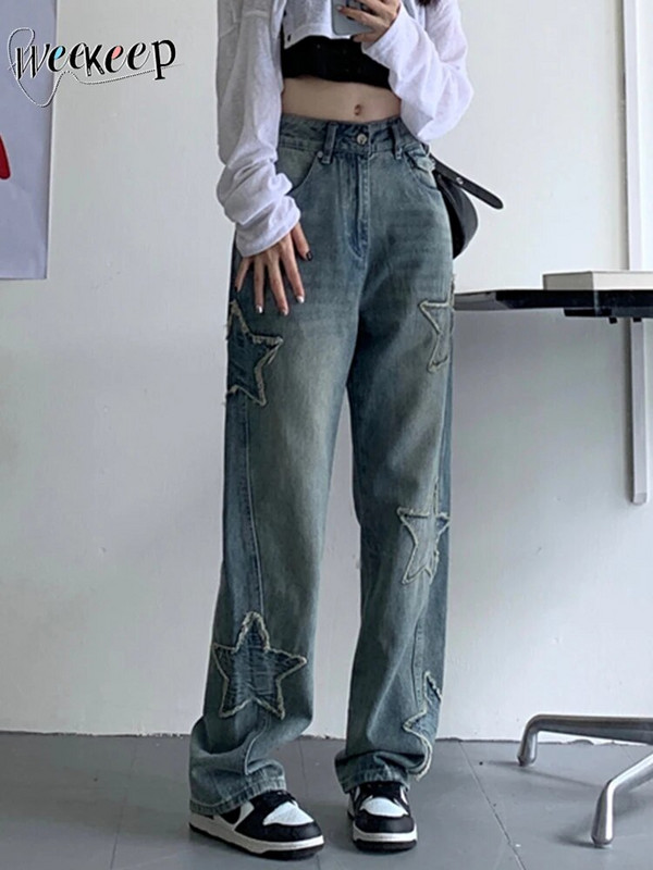 Weekeep y2k Star blugi patchwork femei Streetwear cu talie joasă cu picioare drepte Pantaloni cargo din denim largi Harajuku Vintage casual blugi anii 90