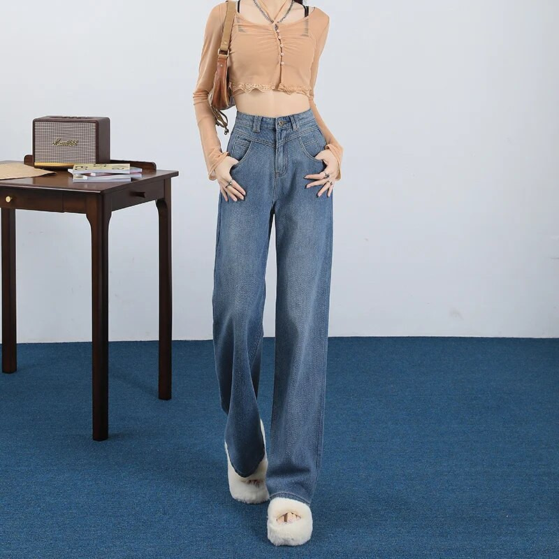 Dámske rovné džínsy Y2K s vysokým pásom, vrecovité nohavice so širokými nohavicami, streetwear, kórejská móda, retro dámske oblečenie, nohavice