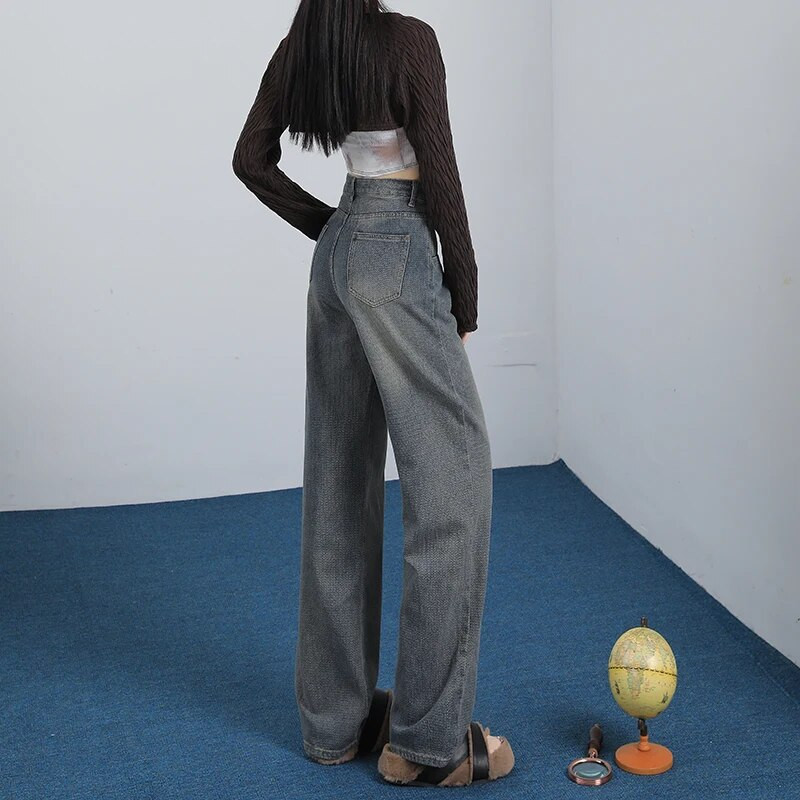 Dámske rovné džínsy Y2K s vysokým pásom, vrecovité nohavice so širokými nohavicami, streetwear, kórejská móda, retro dámske oblečenie, nohavice