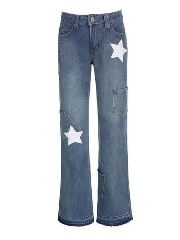 Weekeep Vintage Star Jeans Pocket Stitching Straight Denim Pants Дамски y2k Streetwear Ежедневни панталони Harajuku Капри с ниска талия