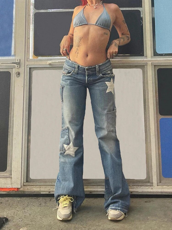Dámske rifle Weekeep Vintage Star Jeans s prešívaním vreciek, rovné džínsy, y2k Streetwear, ležérne nohavice Harajuku s nízkym pásom, capri nohavice