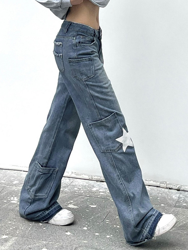 Dámske rifle Weekeep Vintage Star Jeans s prešívaním vreciek, rovné džínsy, y2k Streetwear, ležérne nohavice Harajuku s nízkym pásom, capri nohavice
