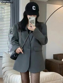 Dámske sivé saká, streetwear, voľné, jarné, kórejské, unisex, s jedným gombíkom, Ulzzang Chic, ležérne, vintage, vysokoškolské