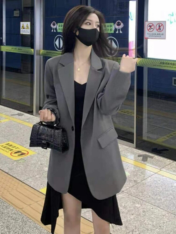 Dámske sivé saká, streetwear, voľné, jarné, kórejské, unisex, s jedným gombíkom, Ulzzang Chic, ležérne, vintage, vysokoškolské