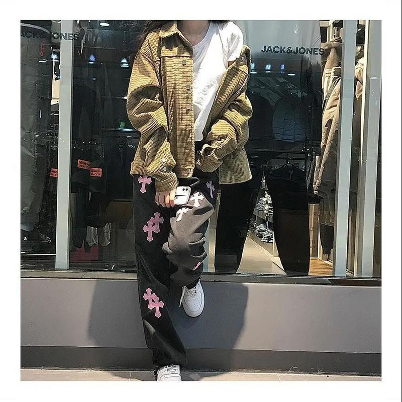 Dámske džínsy High Street Baggy, ružové, krížové, bavlnené, s vysokým pásom, rovné nohavice, veľká veľkosť, tenké, mop, široké nohavice