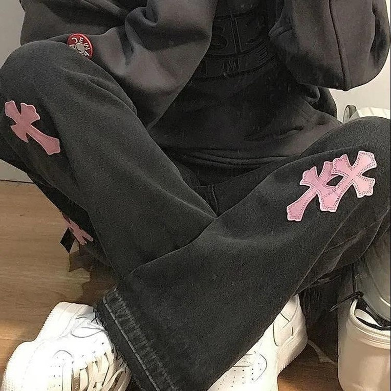 Dámske džínsy High Street Baggy, ružové, krížové, bavlnené, s vysokým pásom, rovné nohavice, veľká veľkosť, tenké, mop, široké nohavice