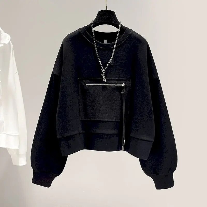 Jesenné nové krátke mikiny s okrúhlym výstrihom pre ženy, ležérne tričko s dlhým rukávom 2023, kórejské voľné zipsové nášivky, výklenkové pulóvre, trendy