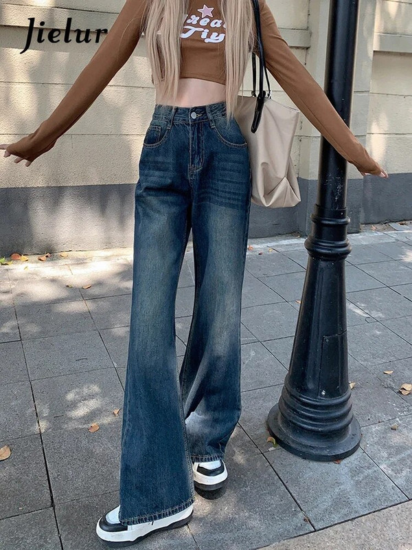 Jielur Spring New Retro Slim Blue Jeans Femei Casual Jeans cu talie înaltă Lady Street buzunare cu fermoar Picioare largi Pantaloni denim Femei