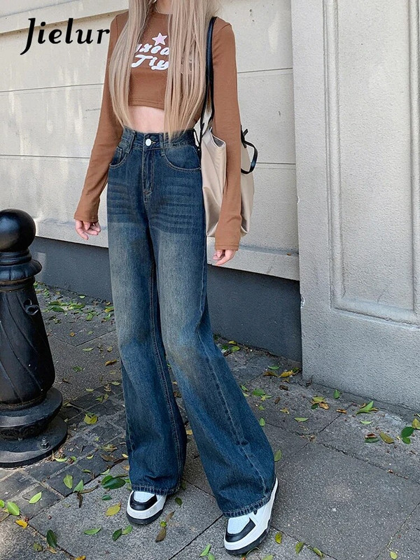 Jielur Spring New Retro Slim Blue Jeans Femei Casual Jeans cu talie înaltă Lady Street buzunare cu fermoar Picioare largi Pantaloni denim Femei