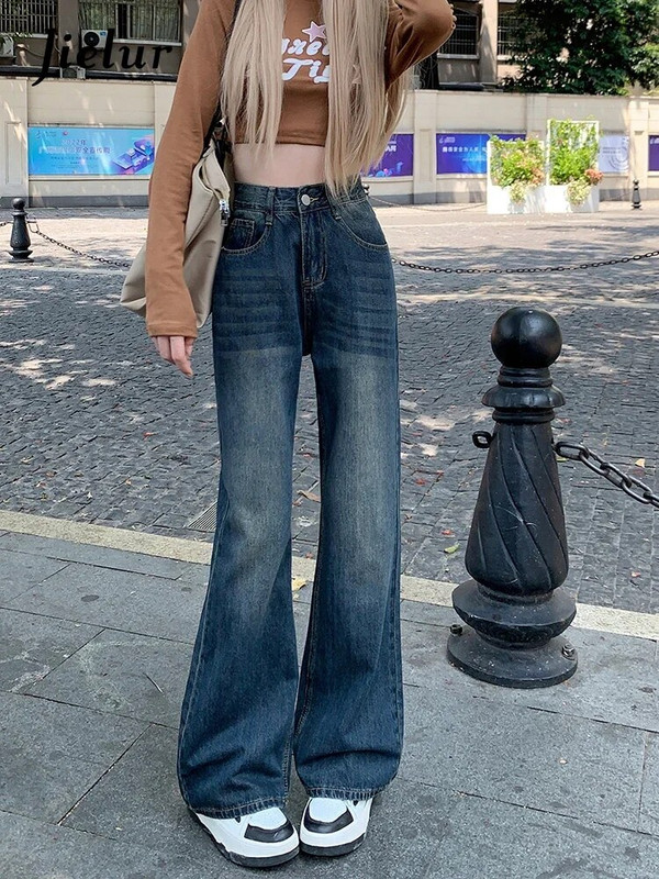 Jielur Spring New Retro Slim Blue Jeans Femei Casual Jeans cu talie înaltă Lady Street buzunare cu fermoar Picioare largi Pantaloni denim Femei