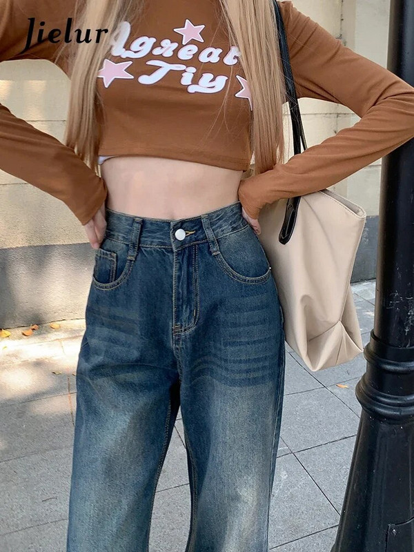 Jielur Spring New Retro Slim Blue Jeans Femei Casual Jeans cu talie înaltă Lady Street buzunare cu fermoar Picioare largi Pantaloni denim Femei
