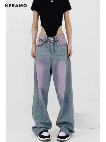 Γυναικείο Y2K Harajuku High Waist Vintage Loose Jeans Παντελόνι American Retro Streetwear Wide Leg Baggy Tie Dye Denim Παντελόνι