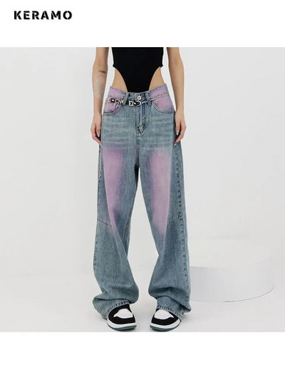 Γυναικείο Y2K Harajuku High Waist Vintage Loose Jeans Παντελόνι American Retro Streetwear Wide Leg Baggy Tie Dye Denim Παντελόνι