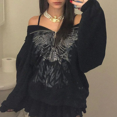 Hanorace supradimensionate cu fermoar cu fermoar cu fluture din anii 90, hanorace cu mânecă lungă, gotică, Y2K, haine retro, toamnă, grunge, punk