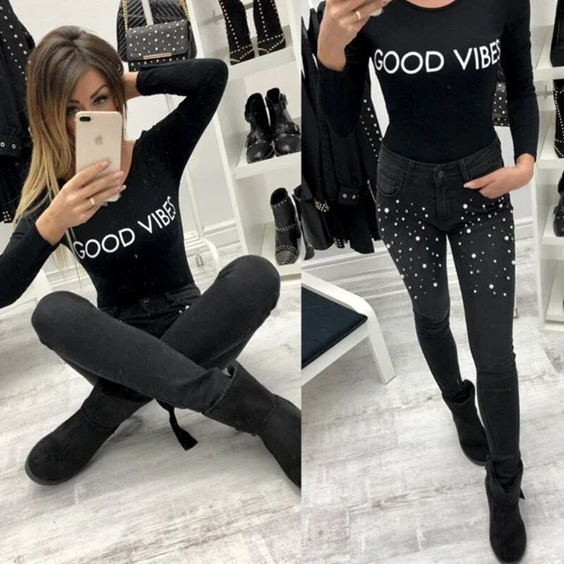 Dámske modré džínsy, úzke perleťové korálkové čierne džínsy, letné jarné dámske vysoké pásy so zipsom, dlhé džínsy, ležérne mamičky