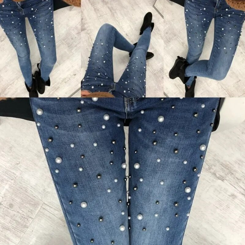 Dámske modré džínsy, úzke perleťové korálkové čierne džínsy, letné jarné dámske vysoké pásy so zipsom, dlhé džínsy, ležérne mamičky