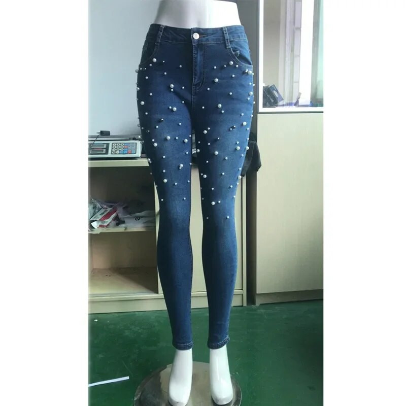 Dámske modré džínsy, úzke perleťové korálkové čierne džínsy, letné jarné dámske vysoké pásy so zipsom, dlhé džínsy, ležérne mamičky