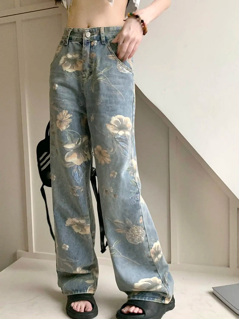 Dámske džínsy s potlačou slnečníc, stredne veľký pás, prané rovné džínsy 2023, dámske plus veľkosti, modré a čierne, pouličné estetické nohavice, vintage oblečenie