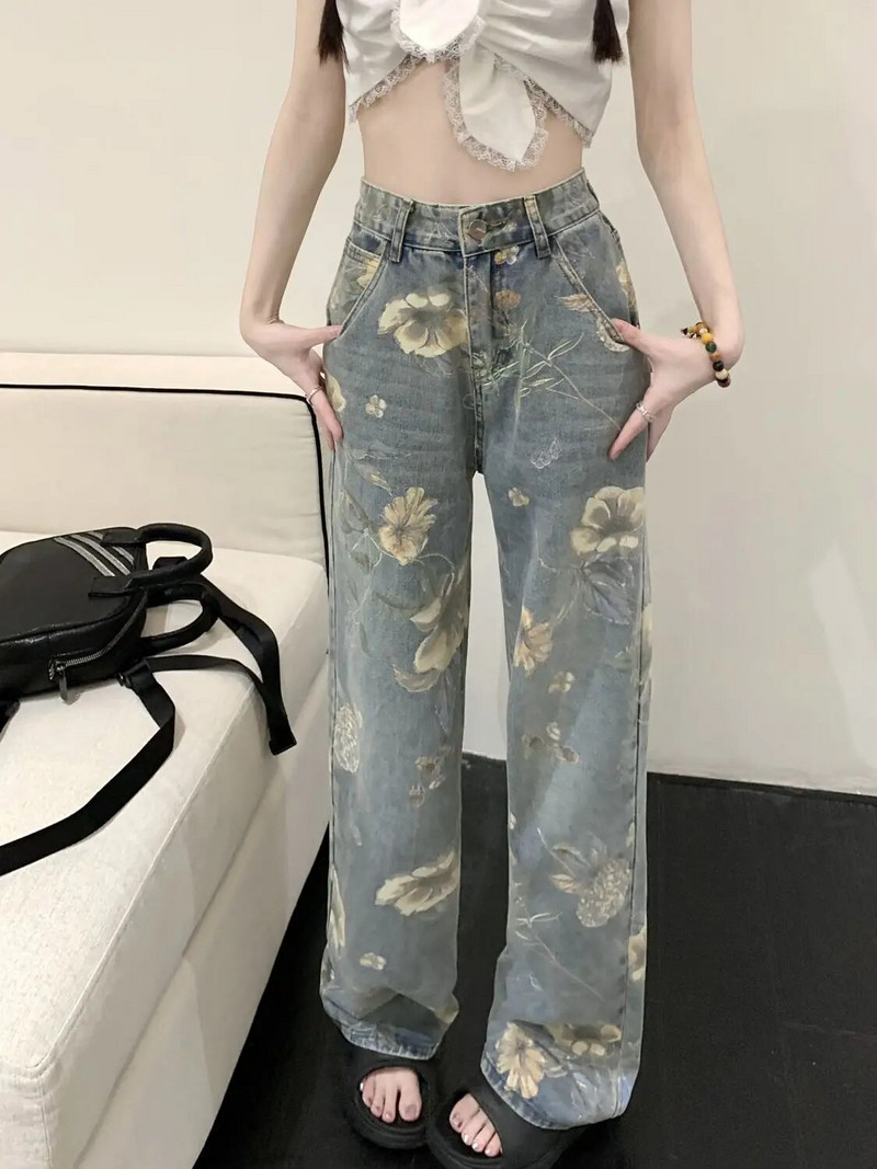 Dámske džínsy s potlačou slnečníc, stredne veľký pás, prané rovné džínsy 2023, dámske plus veľkosti, modré a čierne, pouličné estetické nohavice, vintage oblečenie