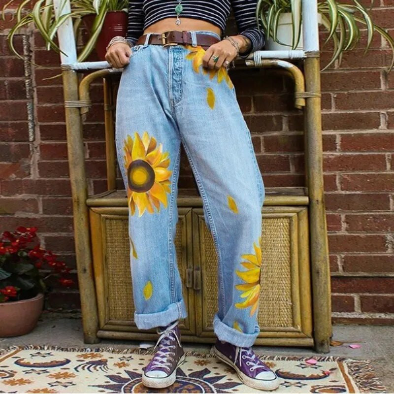 Dámske džínsy s potlačou slnečníc, stredne veľký pás, prané rovné džínsy 2023, dámske plus veľkosti, modré a čierne, pouličné estetické nohavice, vintage oblečenie