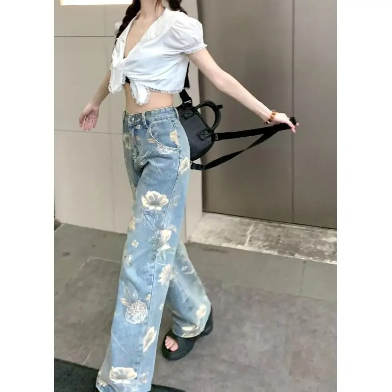 Dámske džínsy s potlačou slnečníc, stredne veľký pás, prané rovné džínsy 2023, dámske plus veľkosti, modré a čierne, pouličné estetické nohavice, vintage oblečenie