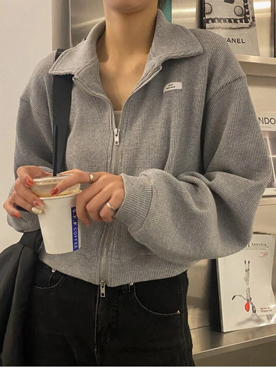 Zoki Harajuku Zips Dámske Sexy Orezané Bundy Elegantná Dlhý Rukáv Mikina s Listami Jarná Dámska All-Match Kórejská Y2K Topy