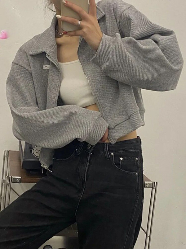 Zoki Harajuku Zips Dámske Sexy Orezané Bundy Elegantná Dlhý Rukáv Mikina s Listami Jarná Dámska All-Match Kórejská Y2K Topy