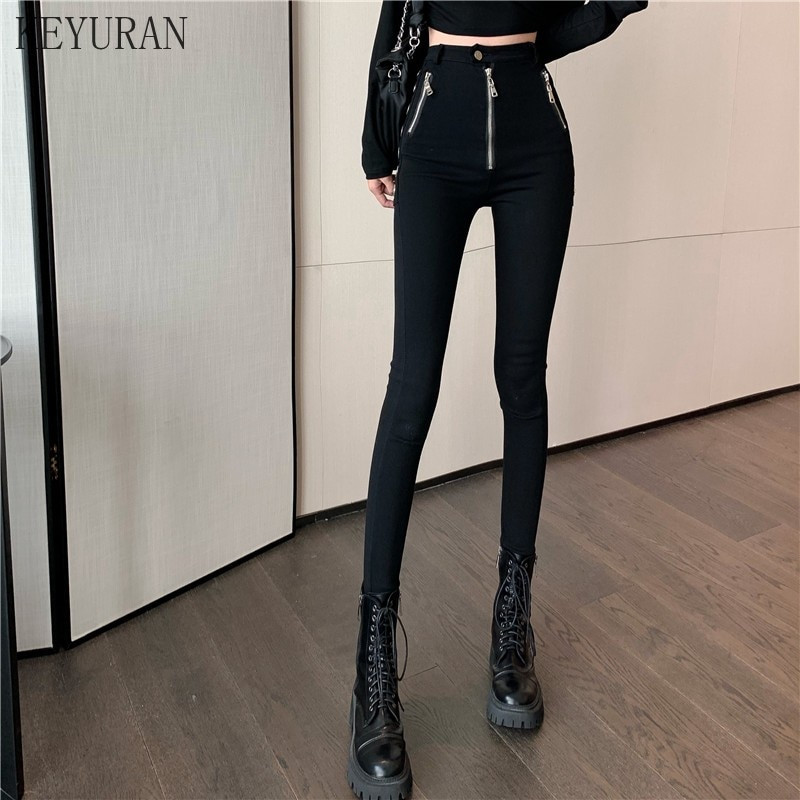 Priateľ, jar/jeseň 2021, nové sexi dámske úzke džínsy s vysokým pásom, čierne zipsové slim nohavice s kovovým krúžkom