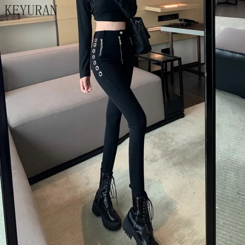 Priateľ, jar/jeseň 2021, nové sexi dámske úzke džínsy s vysokým pásom, čierne zipsové slim nohavice s kovovým krúžkom