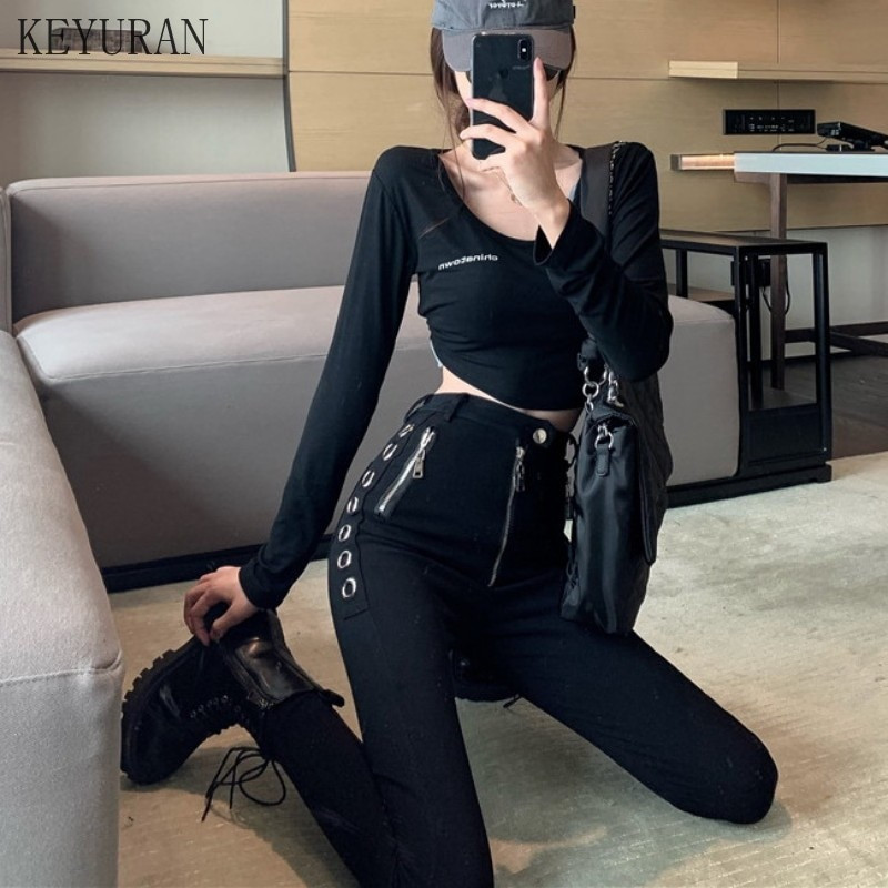 Priateľ, jar/jeseň 2021, nové sexi dámske úzke džínsy s vysokým pásom, čierne zipsové slim nohavice s kovovým krúžkom